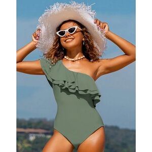 Carmen Marc Valvo One Shoulder Ruffle Olive Green One Piece Swimsuit NWT